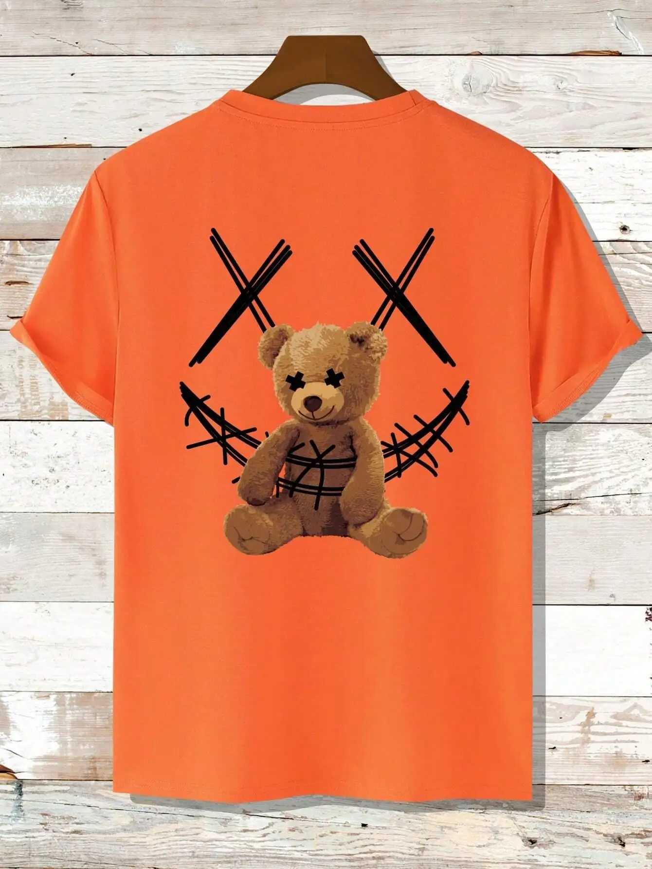 Brown bear print mens T-shirt round neck loose top breathable and comfortable casual oversized womens clothingXJ250318