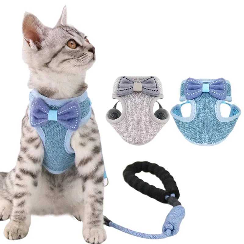 Bow Cat Strap and Belt Set Adjustable Dog Strap Cat Lead Belt Clothing Vest Nylon Mesh Cat Collar Cat AccessoriesT250318