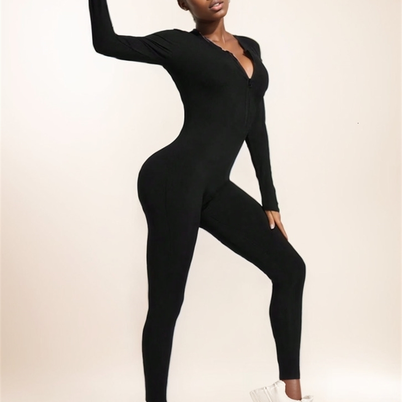Fall sexy bodysuit for women solid color ribbed long sleeve zipper bodycon sporty clothing rompers womens jumpsuit 250224CJ