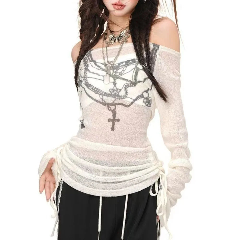 American Retro Ladys See Through T-Shirt Harajuku Cover Slash Neck Long Sleeve Top Y2K Punk Spice s T-Shirts Blouses 250318