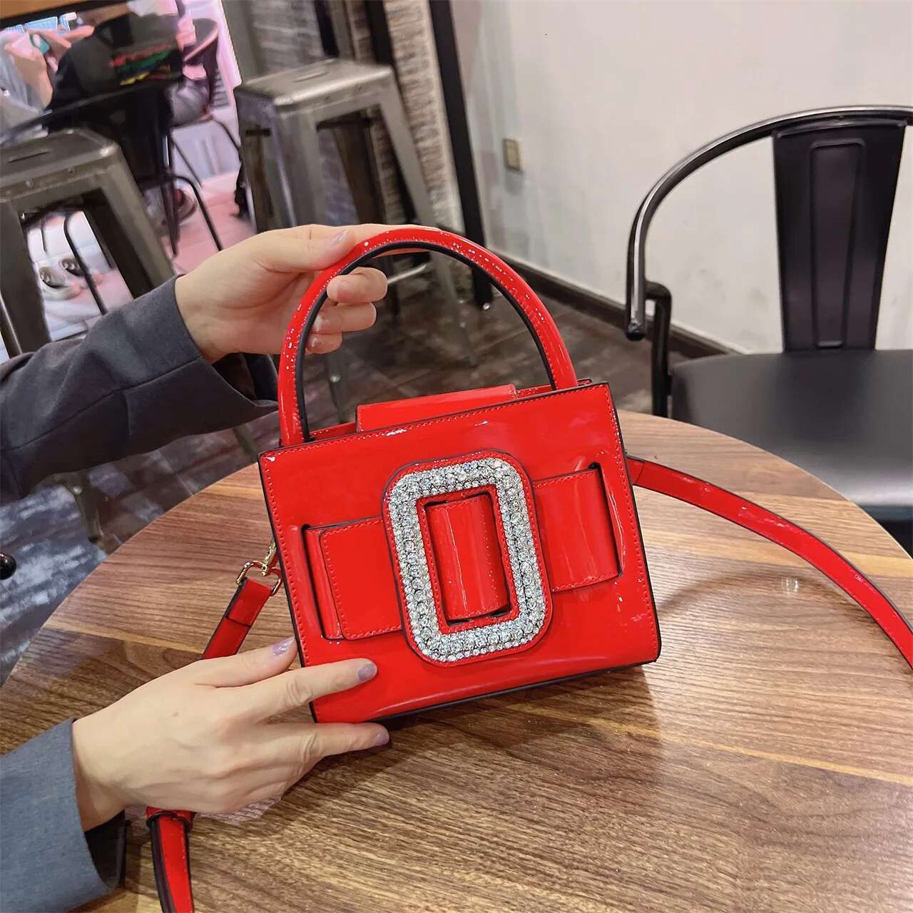Designer Patent Leather Square Women's Handbag Rhie Dia Buckle Purse Evening Shoulder Crossbody Bag
