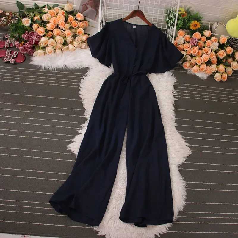American Women Jumpsuits Fashion V Neck Lace up Loose Wide Legs Pants 2024 New Summer OL Solid Buttons Bodysuits X250318