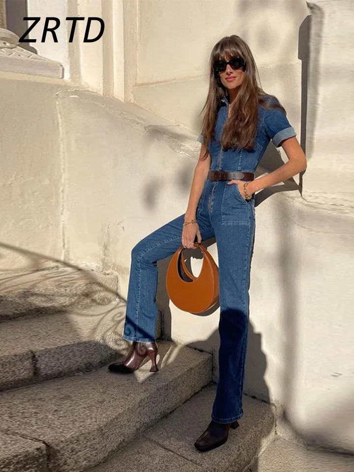Street womens denim jumpsuit ultra-thin lapel short sleeved zipper high waisted womens jumpsuit spring womens fashion jumpsuit 250314