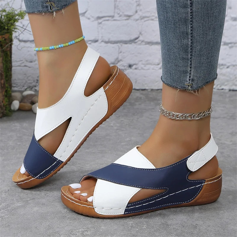 Mix Color Wedge Sandals for Women Summer 2024 Comfortable Non Slip Beach Shoes Woman PU Leather Platform Roman Sandalias Mujer 250317