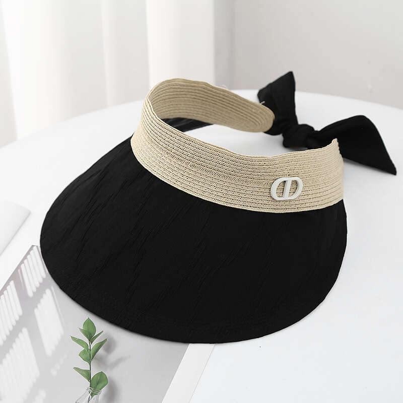 Summer new grass woven spliced empty top for women, foldable hat, sweet bow, small face, trendy sun protection hat