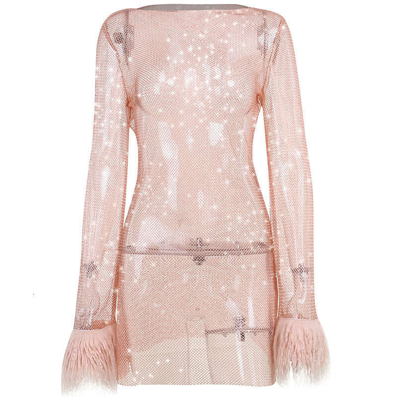 Women's Swimsuit Tight Dress Yj22229 Knitted Round Neck Mesh Long Sleeve Wrapped Hip 2024 Summer Women's Fashion Sexy Dress