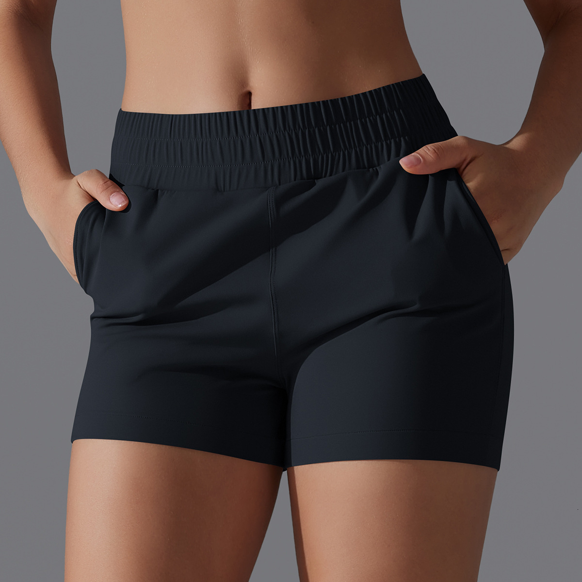 New tracksuit Jinammonia solid color pocket tight cycling shorts, sports running fitness casual yoga clothes, three part pants leggings
