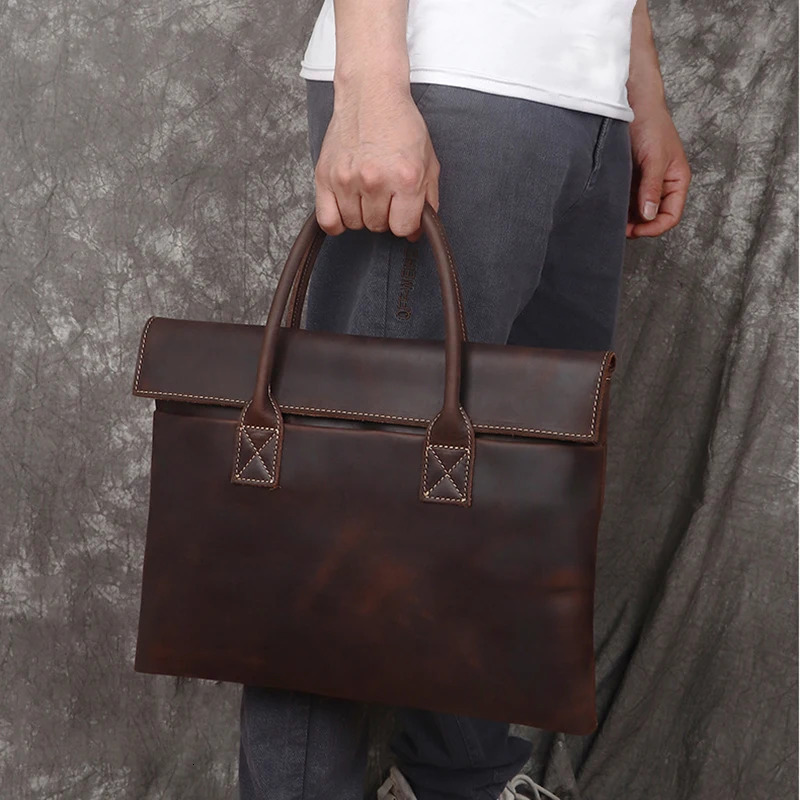 Mens Crazy Horse leather briefcase vintage executive laptop office handbag business clutch bag 250317