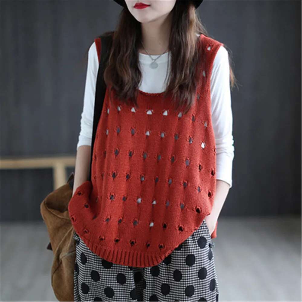 Hollow Out Women Loose Sleeveless All Match Female New Knitted Vest Sweater Korean Preppy Style Sweet Girl's Tops