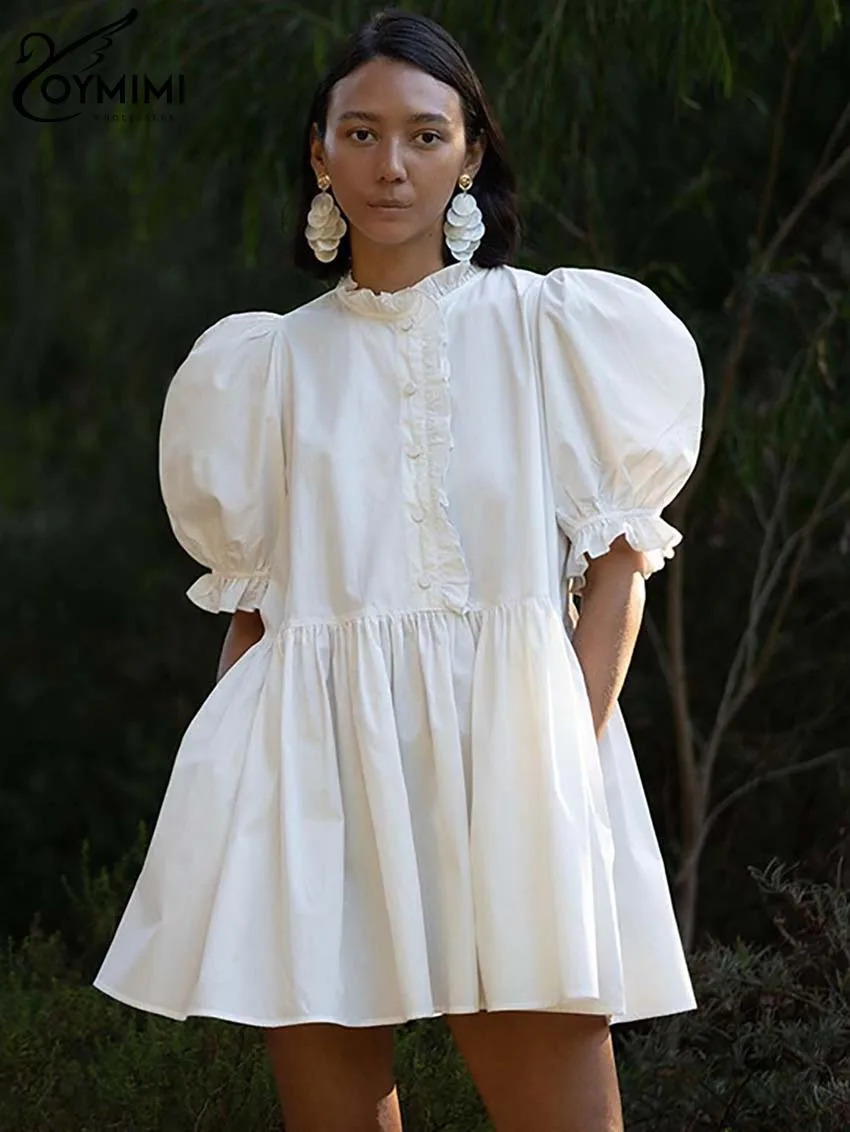 Oymimi elegant white loose womens dress fashionable O-neck short sleeved button up dress casual high waisted pleated mini dress 250314