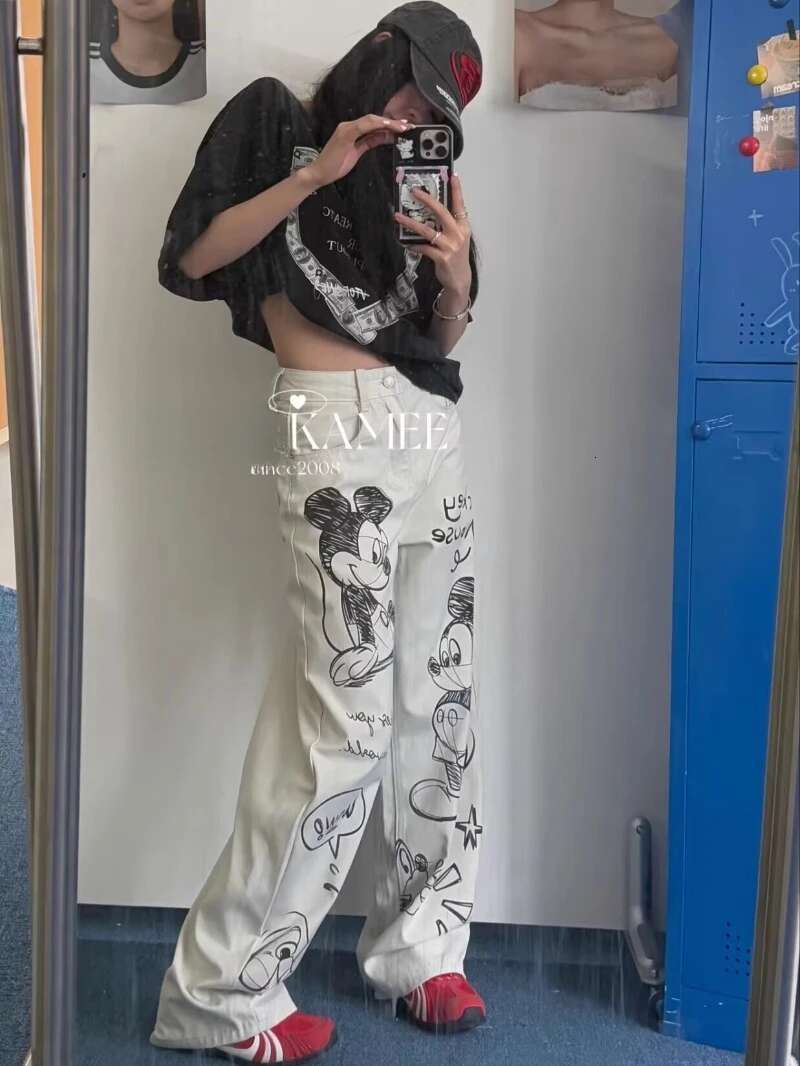 2025 Spring American Street Denim Trousers Cartoon Graffiti High Waist Skinny Wide Leg Jeans Or Mopping Straight Pants Women