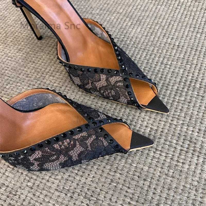Lace embroidered high-heeled sandals used for angular toes leather toes summer shoes buckle straps thin high heels black and white shoes Y250317