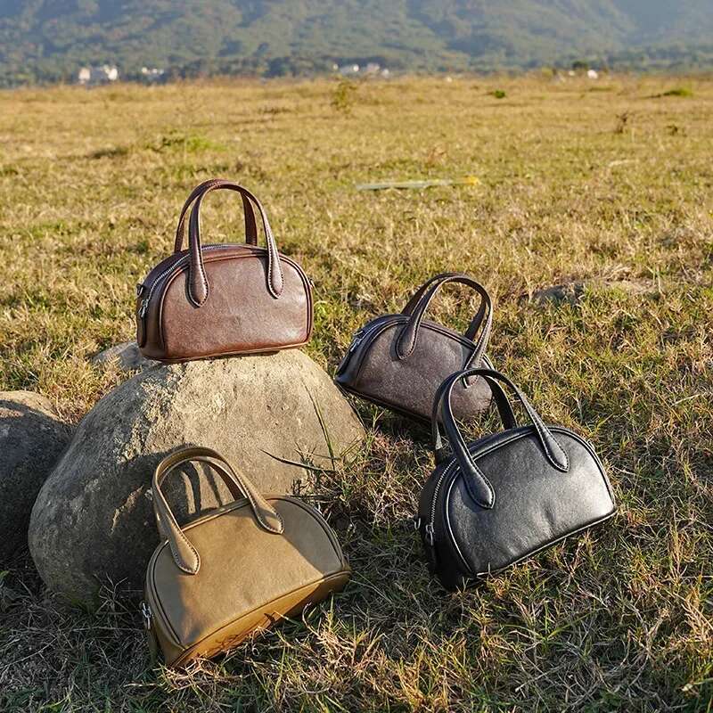 Meet You Vintage Genuine Leather Small Boston Pillow Handbag Simple Daily Bowg Work Commuter Carrying Crossbody Bag Female
