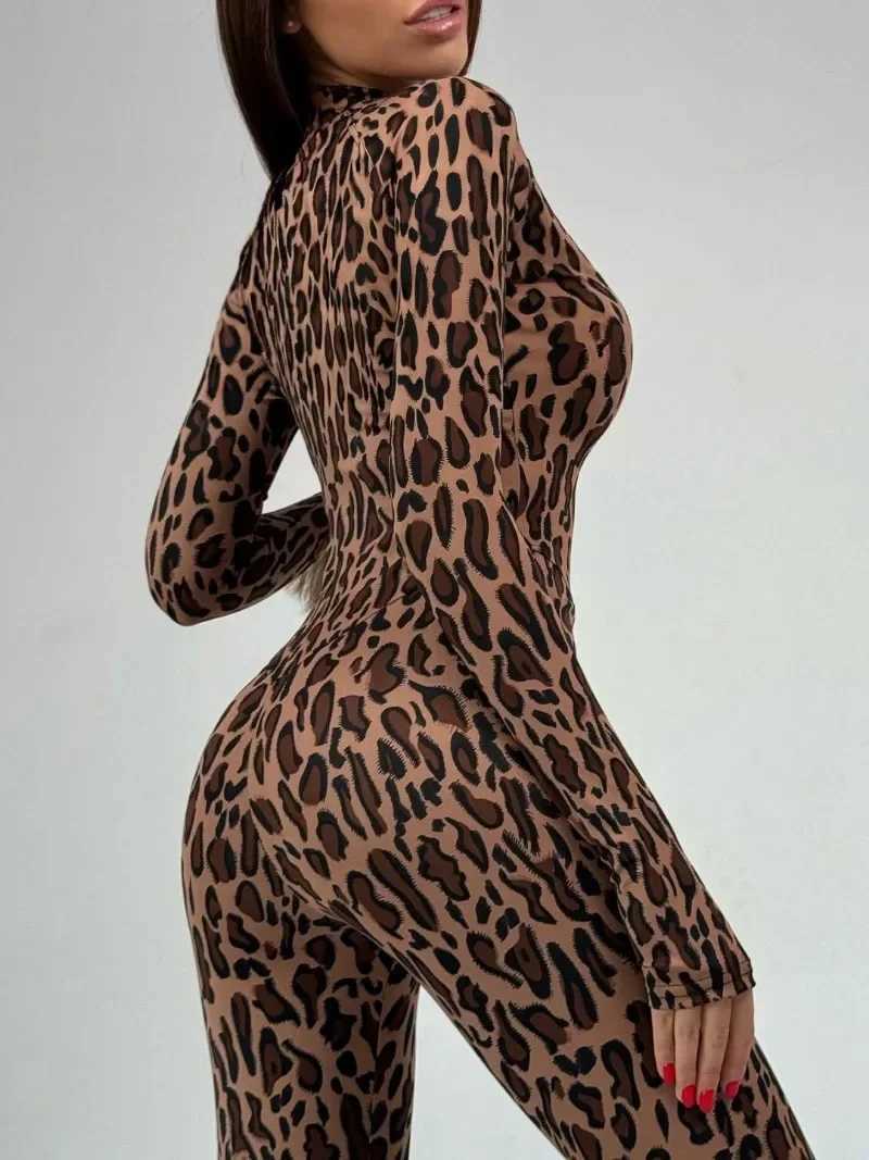 Womens autumn zipper jumpsuit with Slve leopard print one-piece tight fitting womens high waisted Tunics Sports Overalls X250318