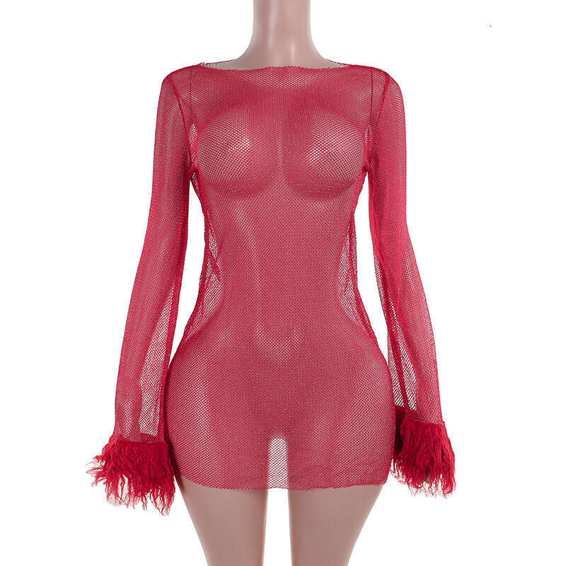 Women's Swimsuit Tight Dress Yj22229 Knitted Round Neck Mesh Long Sleeve Wrapped Hip 2024 Summer Women's Fashion Sexy Dress