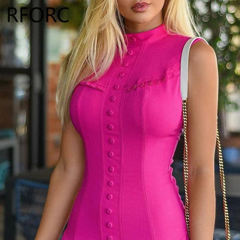 Womens solid button decoration tank ruffle hem mini party rose red dress 250314