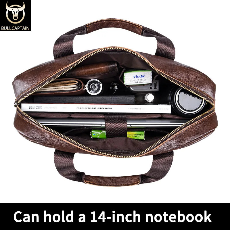 BULLCAPTAIN Briefcase Shoulder Messenger Bags Mens Genuine Leather 14-inch Laptop Bags Mens Briefcase Office Business Handbag 250317
