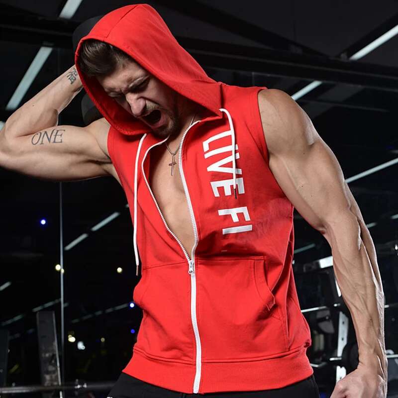 Mens Sports Tank Tops Gym Fiess Muscle Print Sleeveless Hooded Vest Bodybuilding Zipper Jacket Summer Shirt For Man Clothing