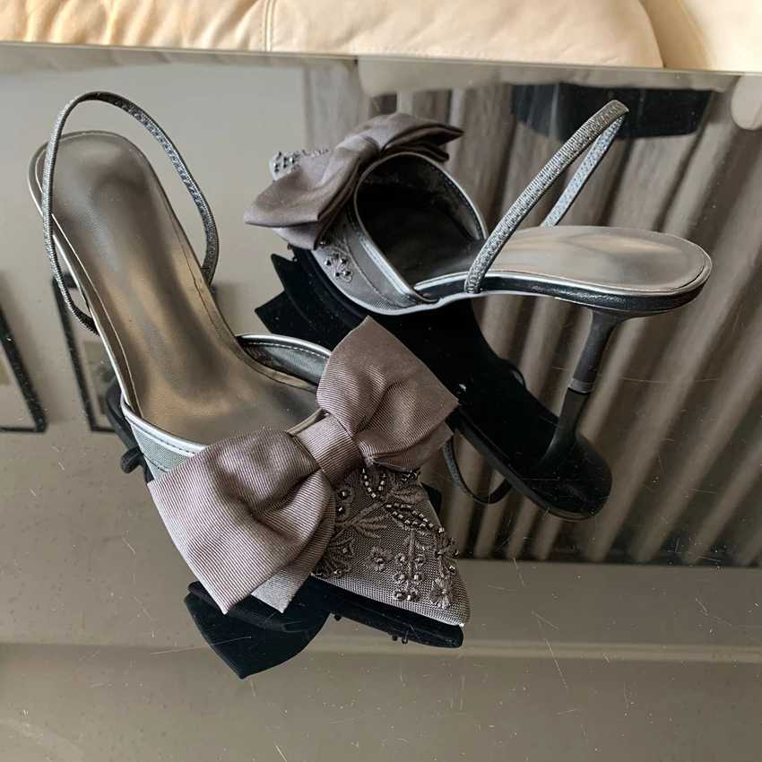 Black bow high H sandals Wen 2025 summer bounce back pump retro satin angular heel elegant party womens shoes Y250317