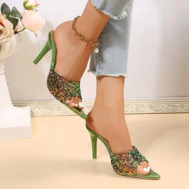 New Fi sequin slide cover 2024 summer new thin high heels high heels jacket Fi sandals Wen shoes 9.5CM Y250317