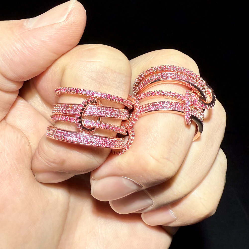 2025 new pink micro-inlaid 5A zircon pearlescent cubic zirconia zircon eternal ring multi-piece nested wedding ring female ring holiday gift