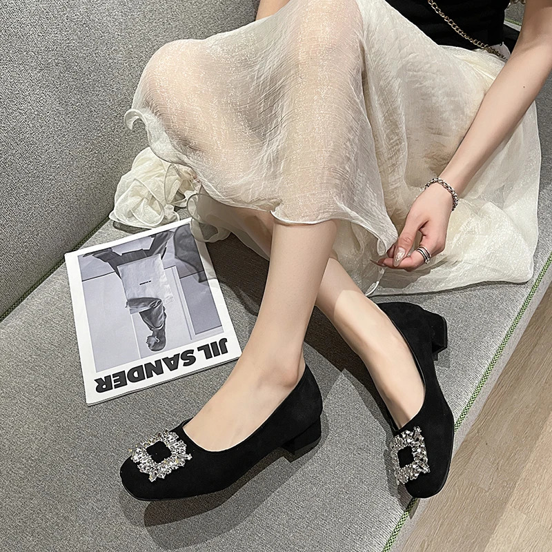 Women Square Heel Round Toe Crystal Pumps Plus Size 35-42 Black Elegant Office Shoes For Ladies Comfortable Slip Ons 3.5cm 250318