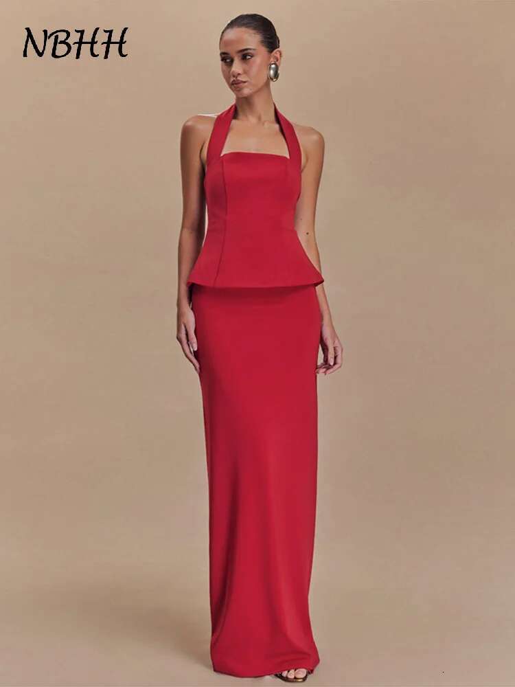 Elegant Halter Vest Skirts Sets Women Sleeveless Backless Ruffle Top Hip Package Split Skirt INS 2025 Spring Summer Party Suits