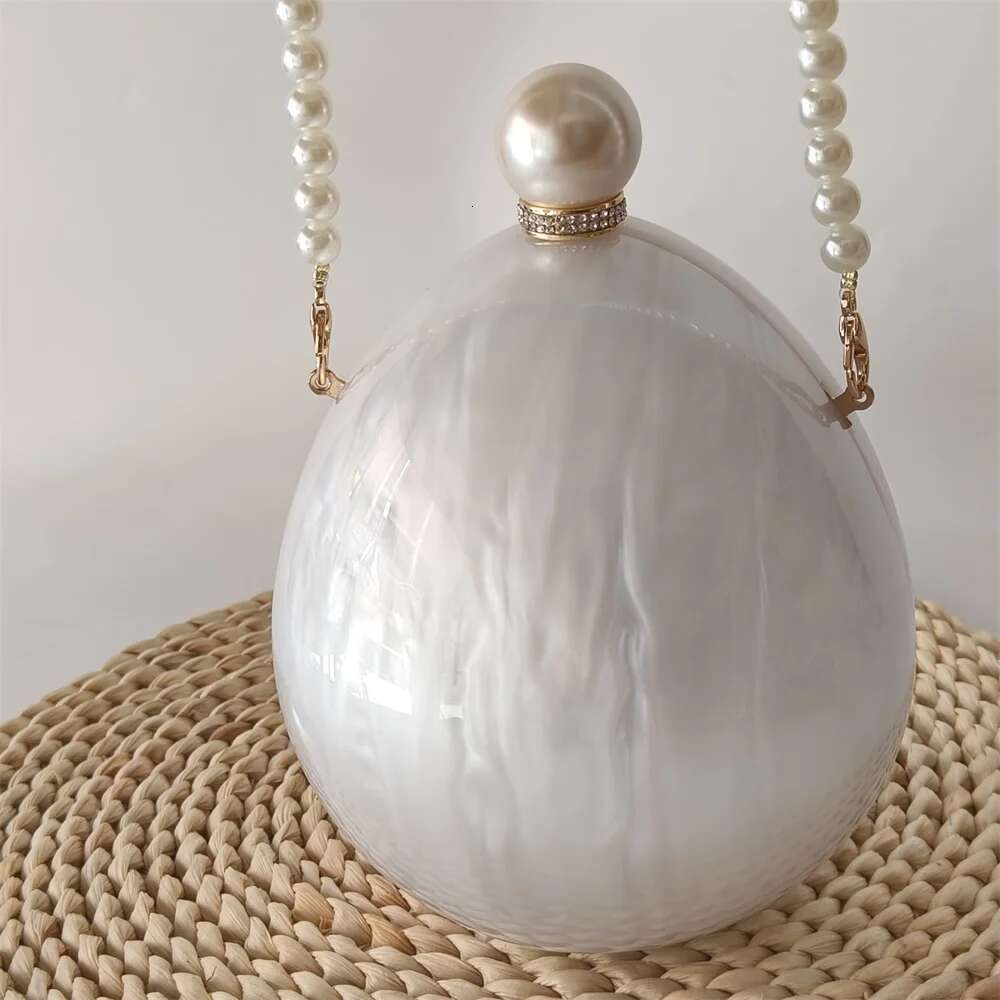 White Ball Women Trendy Acrylic Evening Clutch Glitter Marble Purse Banquet Party Prom Handbag Pearl Long Chain Pro Beach Bags