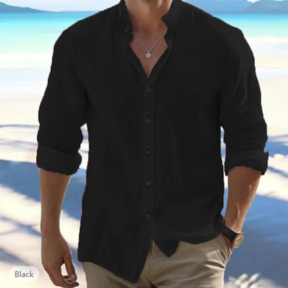 Cotton Linen Mens Long-Sleeved Shirts Summer Solid Color Stand-Up Collar Casual Beach Style Plus Size 250318
