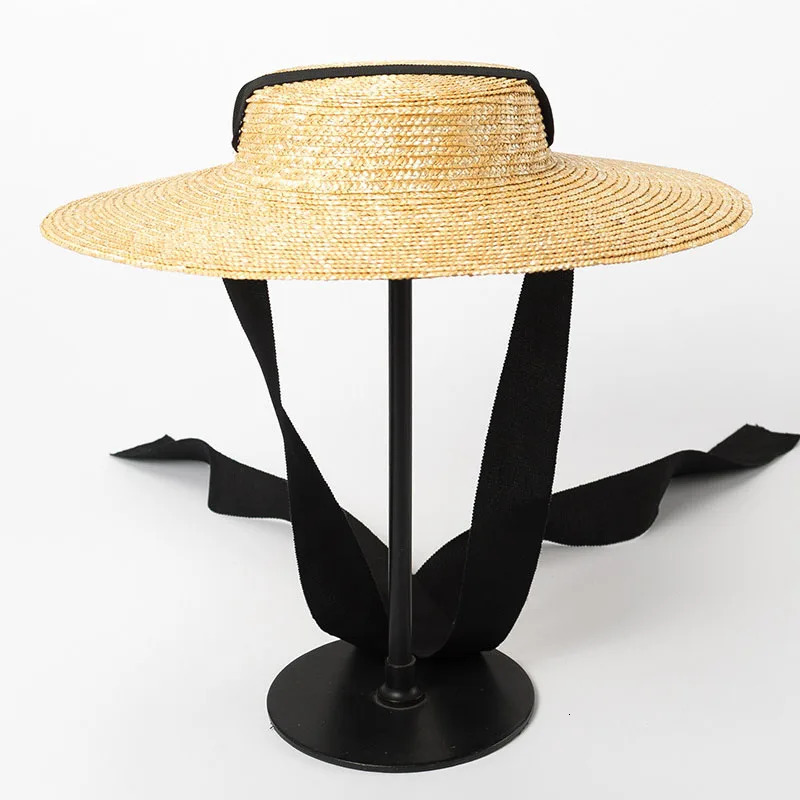 Wide Brim Boater Hat 10cm 15cm Brim Straw Hat Flat Women Summer Derby Hat White Black Ribbon Tie Sun Hat Beach Cap 250318