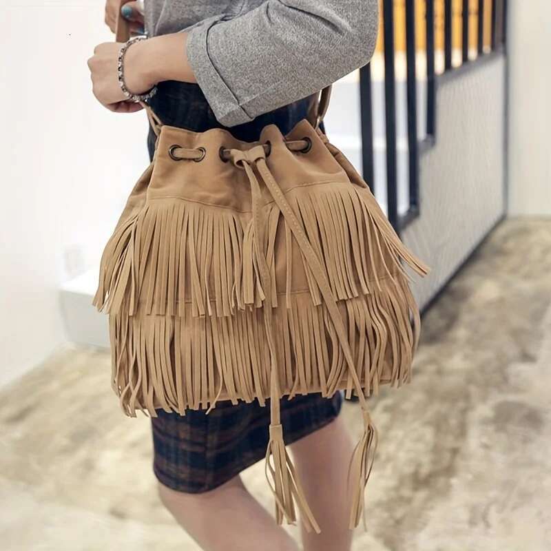 Fashion Soft Veet Frosted Tassel For Women With Drawstring Bucket One Shoulder Straddle Bag