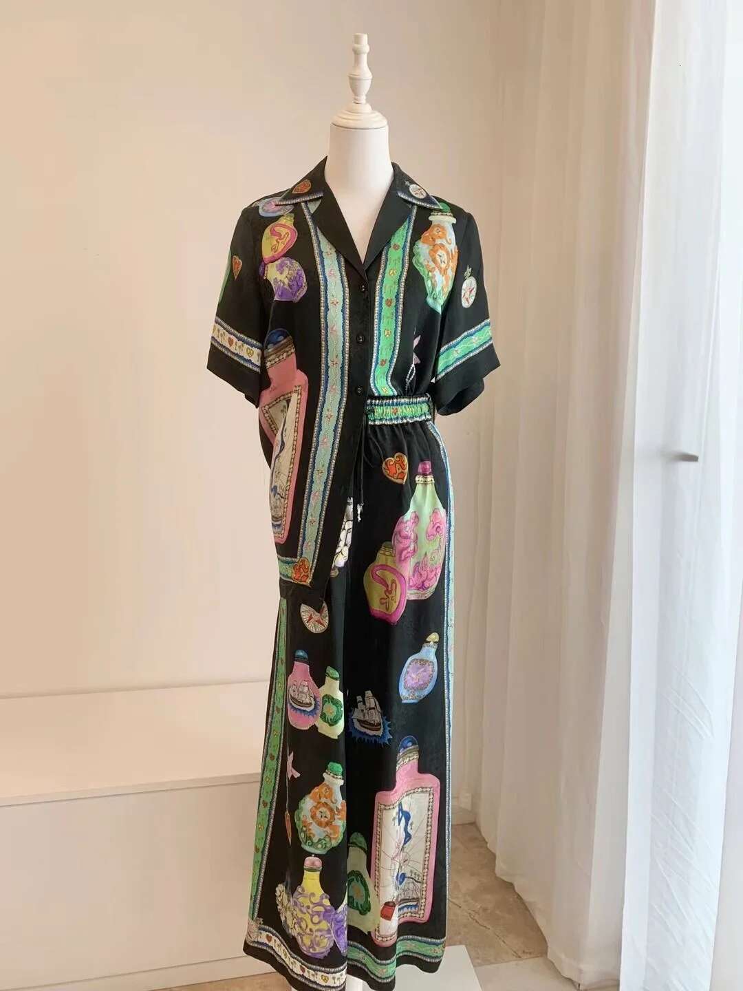 Women Colorful Bottle Printed Notched Single Breasted Casual Blouse Or Drawstring Elastic Waist Wide Leg Long Pants