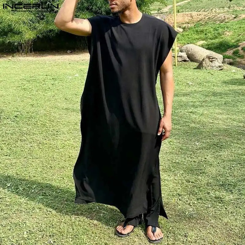INCERUN Muslim Saudi Arabia Solid O-neck Sleeveless Kaftan Jubba Thobe Pants 2PCS Islamic Mens Clothing 250314