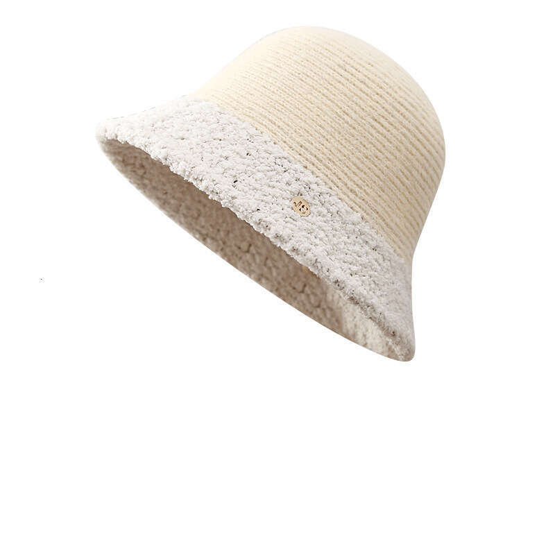 Splicing Women's Autumn Winter Plush Fisherman's Korean Edition Warm Knitted Bucket Fashionable Face Showing Small Hat Trendy