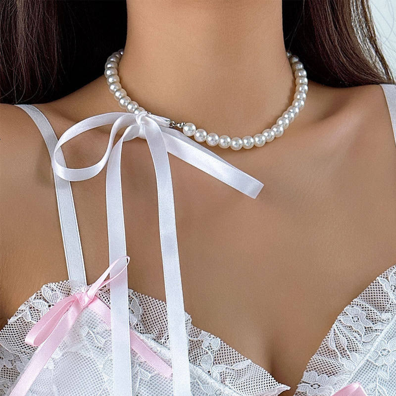 Imitation Pearl Necklace Female French Artificial Pearl Bow Neckchain Collarbone Chain Jewelry for Women