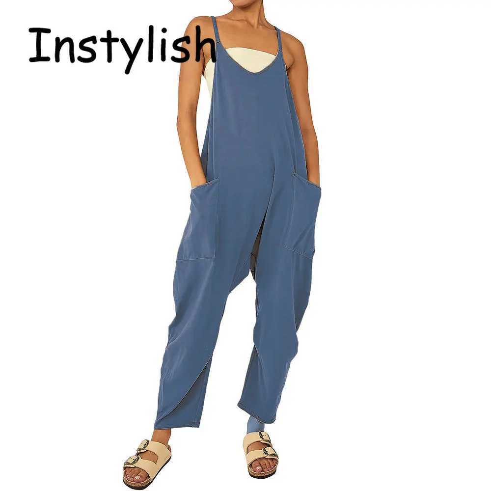 Womens casual spaghetti shoulder strap Sveless jumpsuit retro Harajuku wide leg loose pants summer solid oversized pants X250318