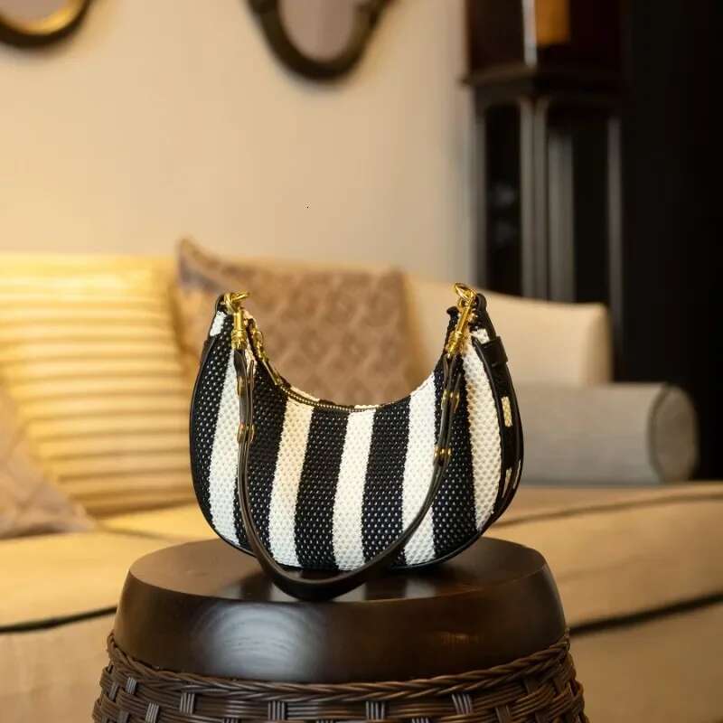 Meet You Women's Half Moon Hobo Simple Black White Color Contrast Stripe Armpit High Quality Seaside Beach Shoulder Bag