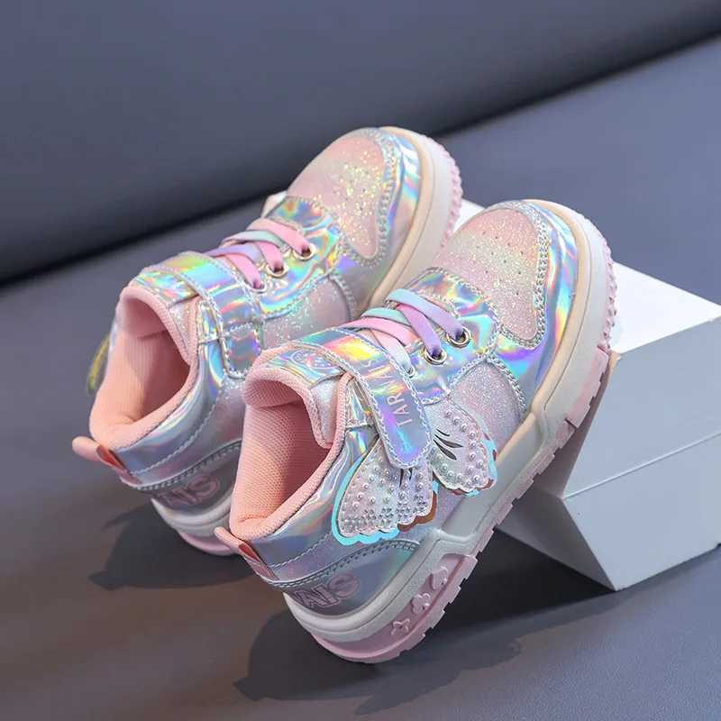Girls Sneakers Fashion Rhinestone Butterfly Children Casual Shoes 2024 Autumn Student Running Shoes School Soft Sole Kids Shoes W250318