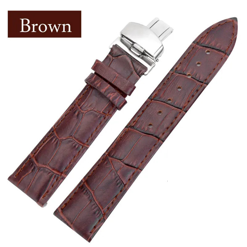 Business Casual Black Brown Genuine Calfskin Leather Watch band Strap Butterfly Buckle Pattern Bracelet 18 20 22 24mm 250304