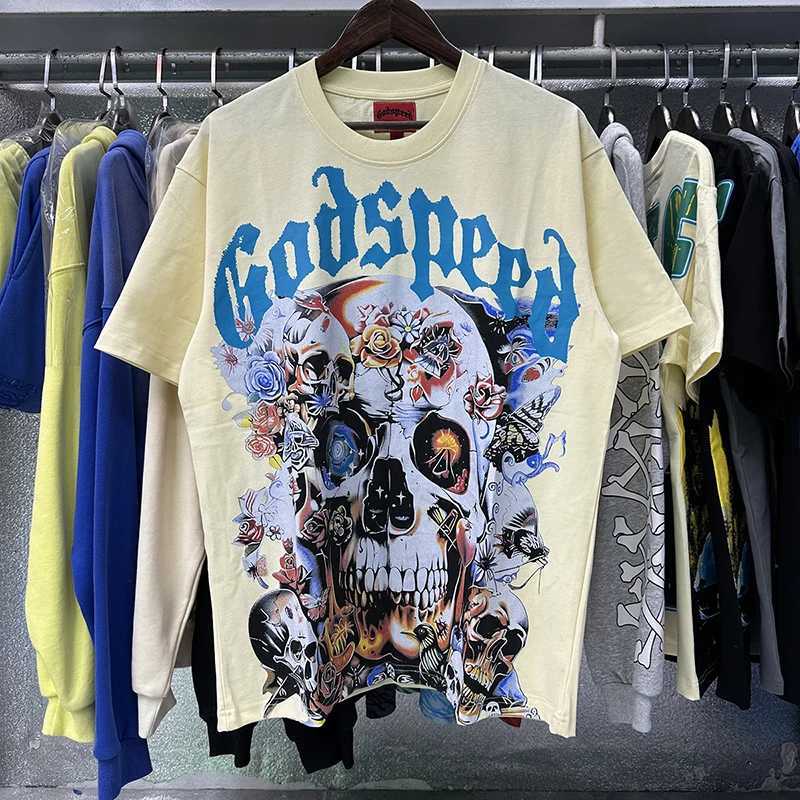 European and American rock rap popular brand Godspeed short sleeved T-shirt personalized skull rose HD printed original label mens T-shirtXJ250318