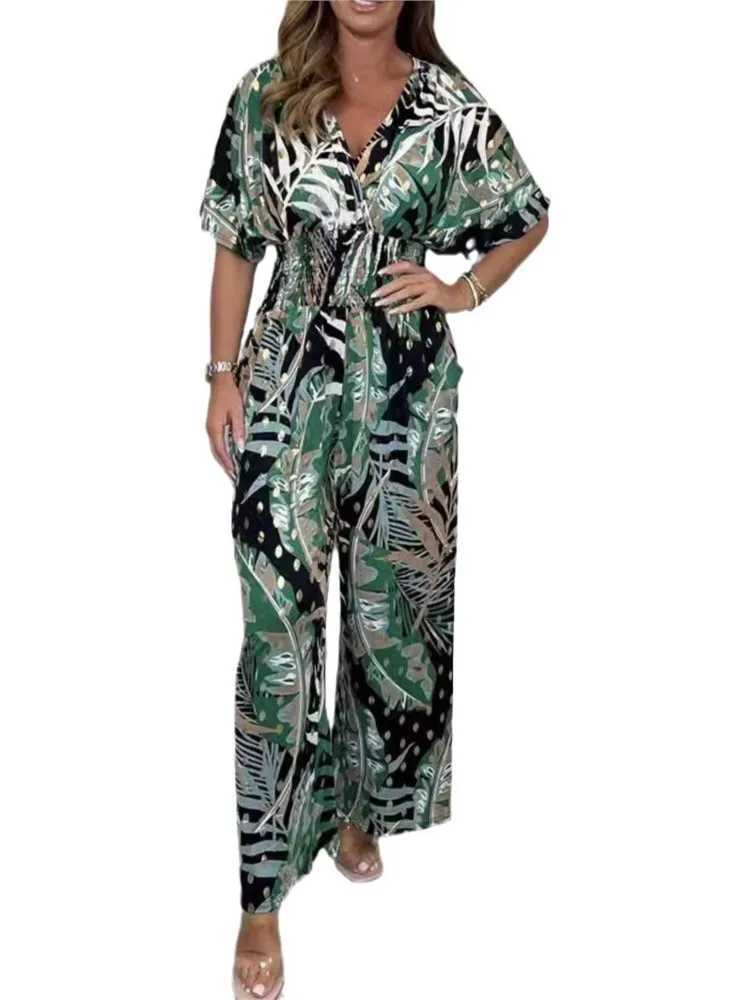 2025 Summer Elegant Womens Printed Folding jumpsuit Fashion V-neck Short Sleeve Elastic Waist Wide Leg Pants Casual Slimming jumpsuit X250318