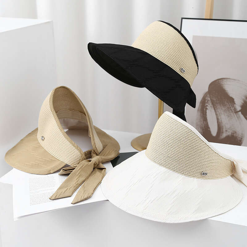 Korean summer outdoor grass woven sunshade empty top hat for women cycg and traveg, UV resistant binding style, large eave foldable