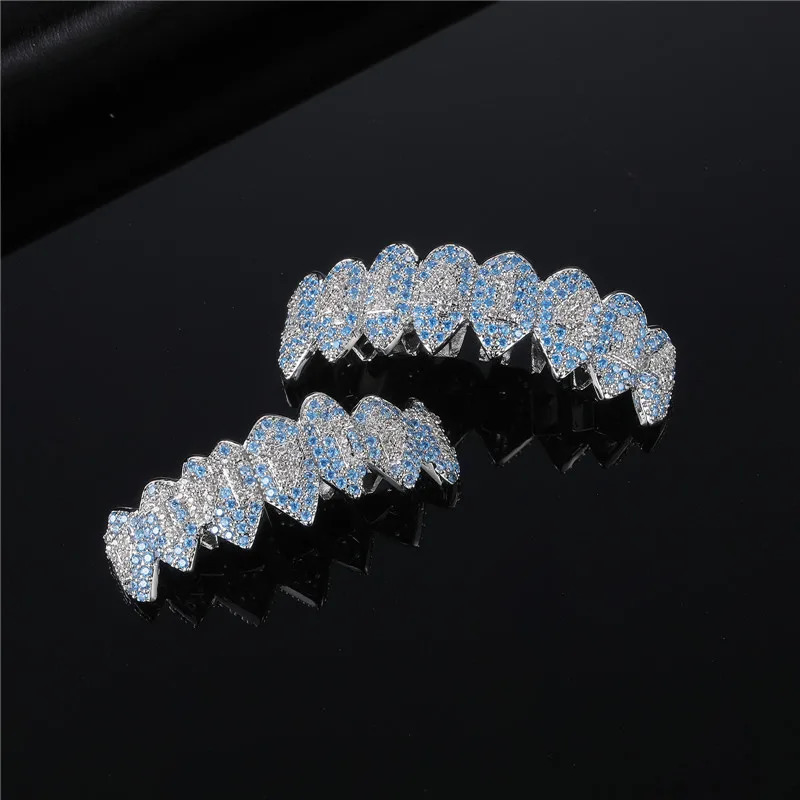 Feel Style CZ Teeth Caps Bling Blue Cubic Zircon Iced Out Micro Pave Top Bottom Charm Grills Set For Men Women Jewelry Gi 250318