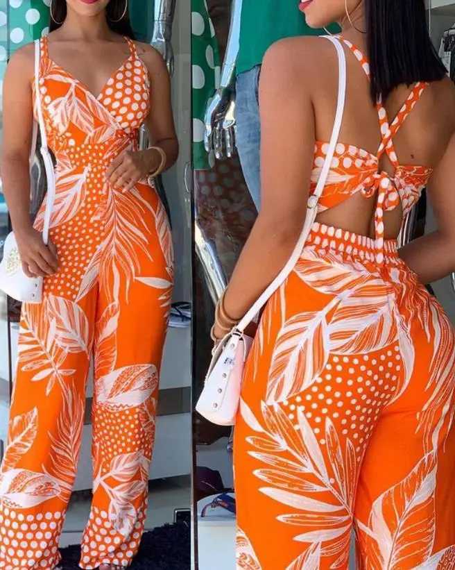 2023 womens long jumpsuit elegant and sexy tropical print new fashion spaghetti shoulder strap jumpsuit casual womens summer set X2503181