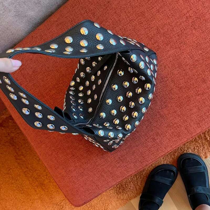Moto & Biker Rivet Decorate Black Bags For Women Designer Handbag Purses 2024 New Fashion Underarm Wide Shoulder Straps
