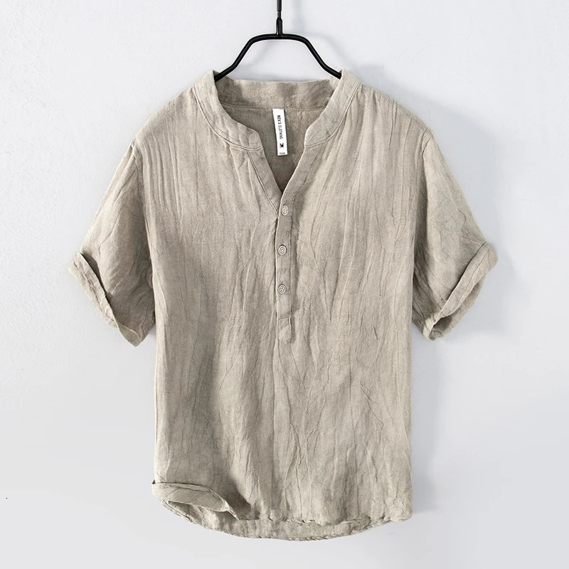 Vintage Linen T-Shirt for Men Pullover Casual V-Neck Short Sleeve Thin Breathable Tees Male Fashion Summer T Shirt 250317