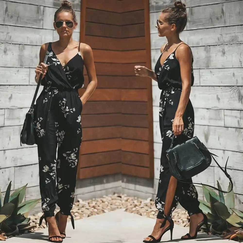 Hot selling womens summer sexy backless casual Dp-V printed shoulder strap jumpsuit X250318
