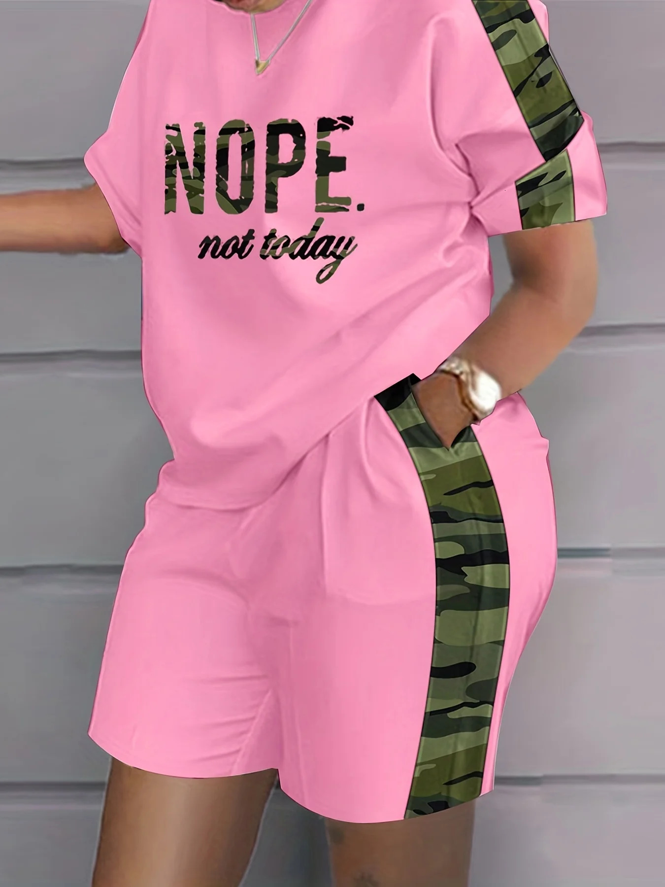 Plus Size Outfits Two Piece Set Womens Plus Letter Print Contrast Panel Short Sleeve Tee Shorts Outfits 2 Piece Set 250318
