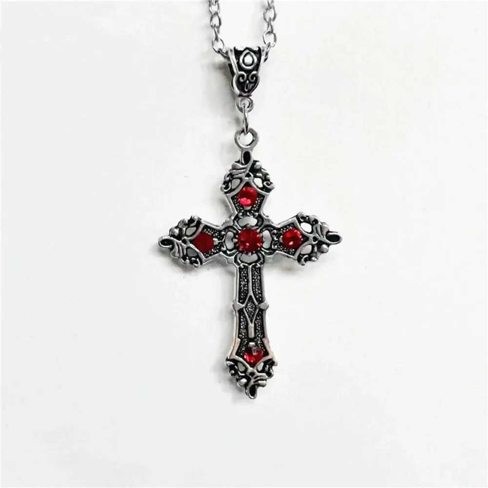 Simple Fashion Cross Gothic Baroque Christian Cross Pendant Necklace Miniature Set Red Crystal Prayer Talisman Gift Pendant Accessories W250318