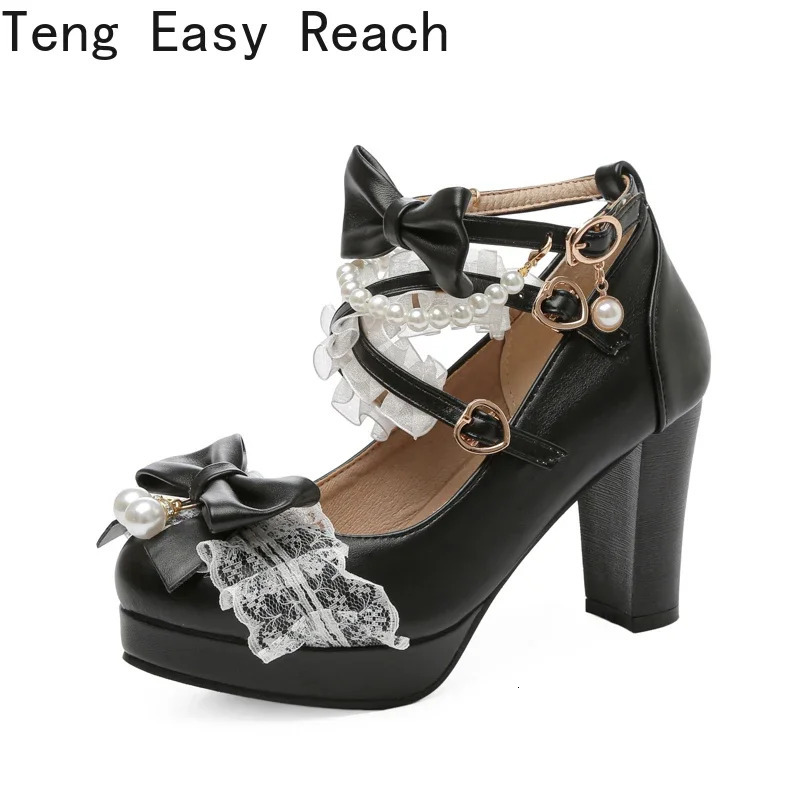 Cross Strap Women High Heels Mary Jane Pumps Party Wedding Cosplay White Pink Black Strawberry Bow Princess Cosplay Lolita Shoes 250318